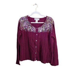 Susan Bristol Vintage Burgundy Open Knit Sequined Cardigan Sweater Size L